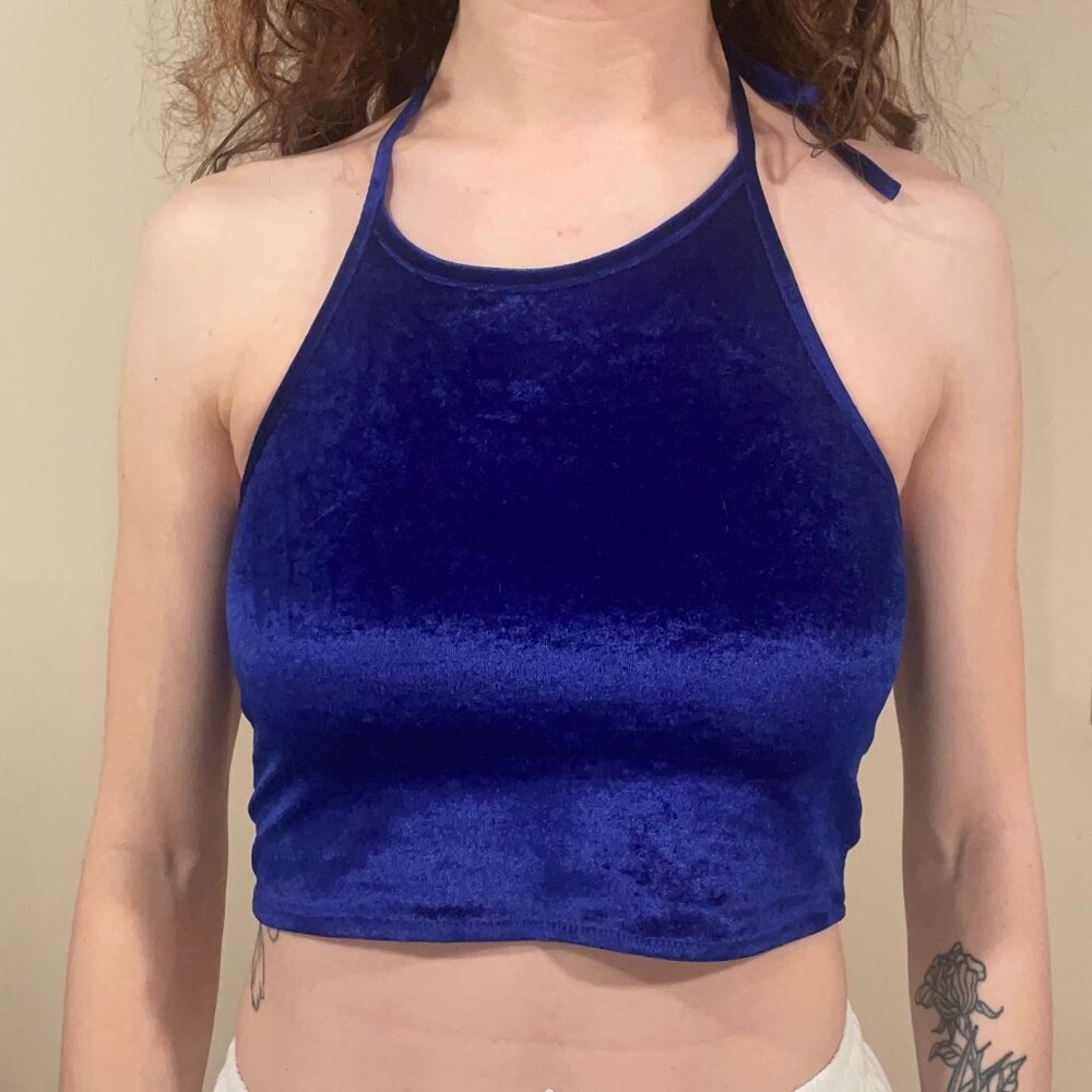 OMighty Blue Velvet Cropped Halter Top